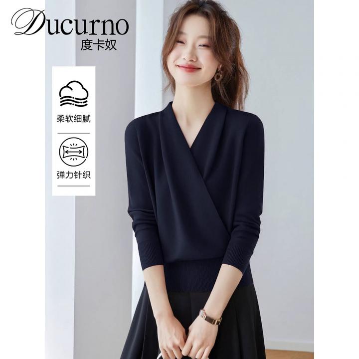 秋冬交叉V领针织衫女长袖t恤2025新款洋气红色内搭打底衫气质上衣