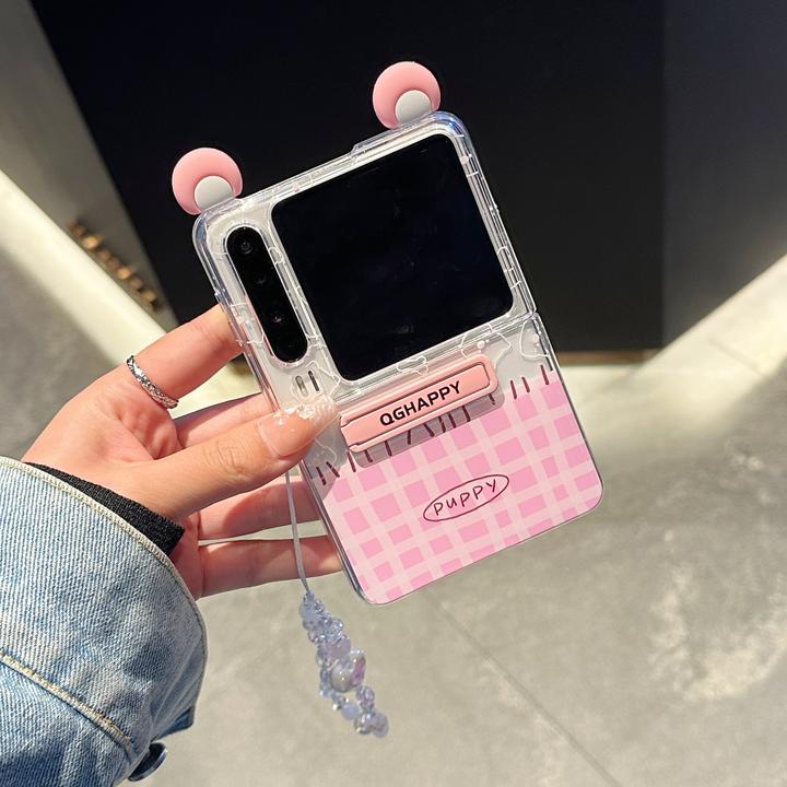 适用华为puraX粉色小耳朵格子半透明折叠壳支架手链卡通女新款