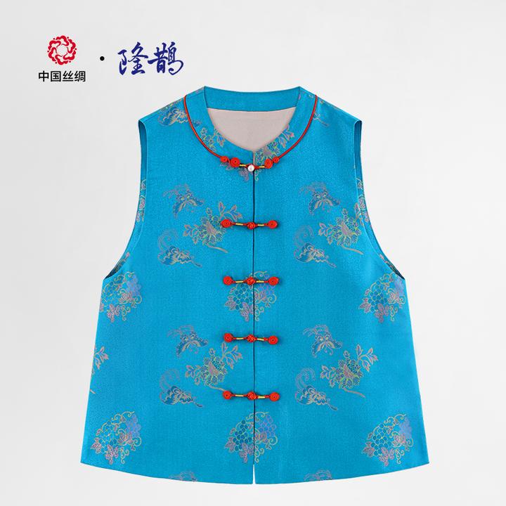 中国丝绸隆鹊『彩蝶戏珠宝蓝』宋锦对襟马甲新中式女装洋气时尚亮眼
