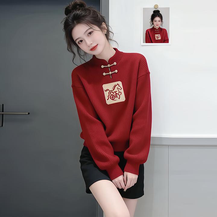 新中式国风盘扣白马针织毛衣秋冬女款2025新款冬季本命年马年衣服