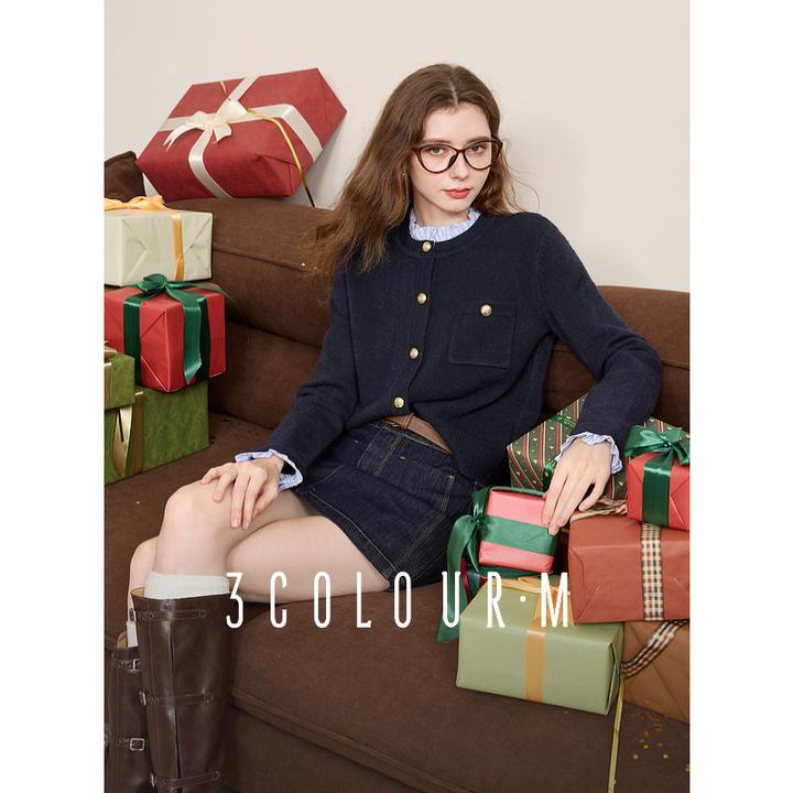 三彩2025春季新款女假两件针织衫木耳边拼接毛衣开衫甜美减龄M