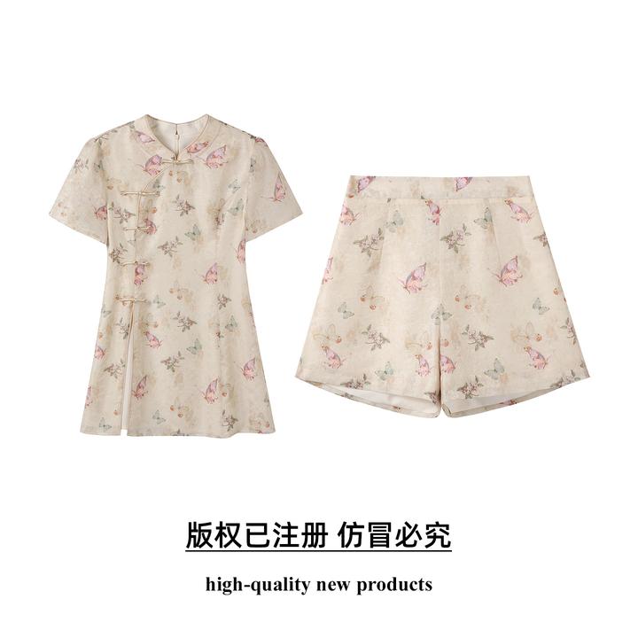 奢姿【池中蝶】大码女装2025夏季短袖新中式改良旗袍蝴蝶短裤两件套