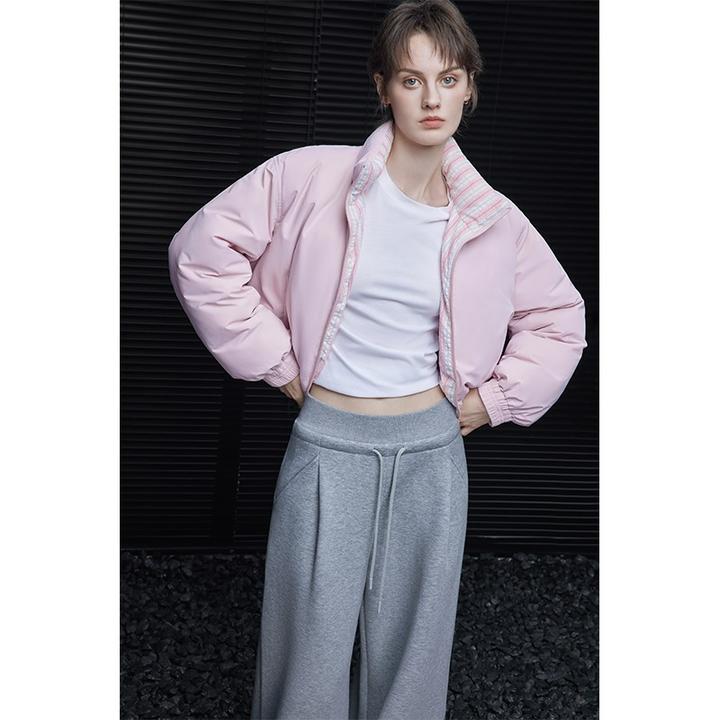 moment粉色高领短款羽绒服外套女2025秋季新款轻薄宽松休闲感超火