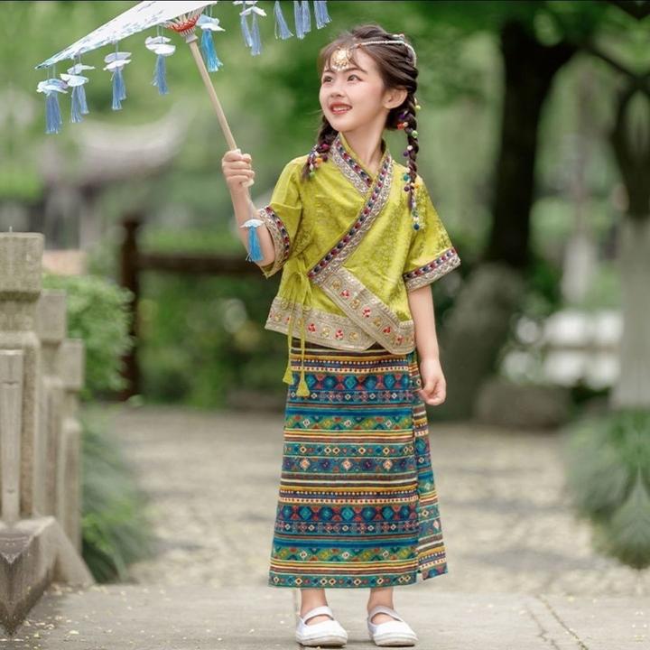 女童复古傣族民国风网红夏季女孩少数民族演出服两件套亲子母女装