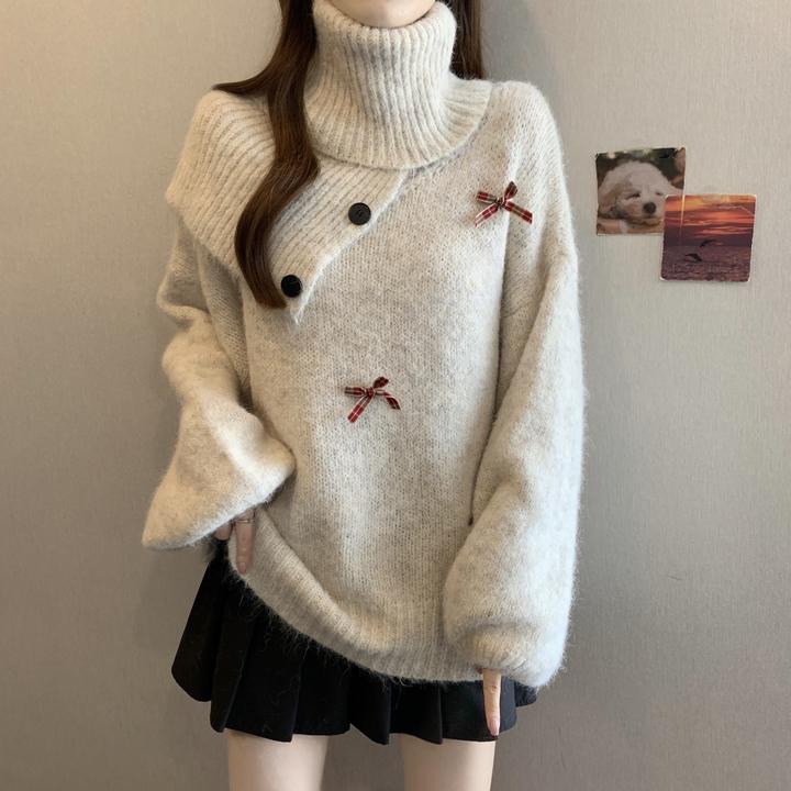 大码女装慵懒风蝴蝶结针织衫中长软糯减龄毛衣女秋冬季上衣+围巾