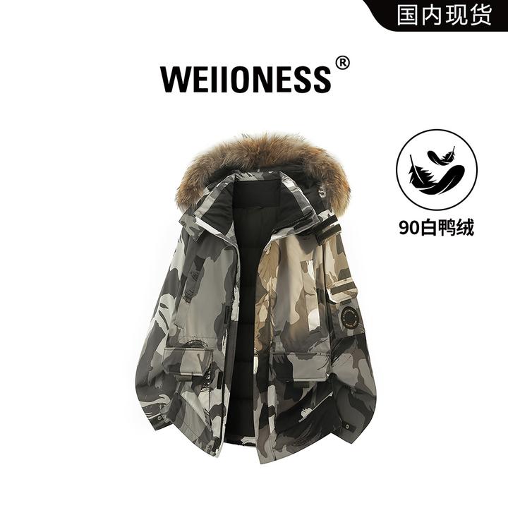 WEIIONESS美式迷彩派克风保暖羽绒服男秋冬貉子毛领新款鸭绒外套