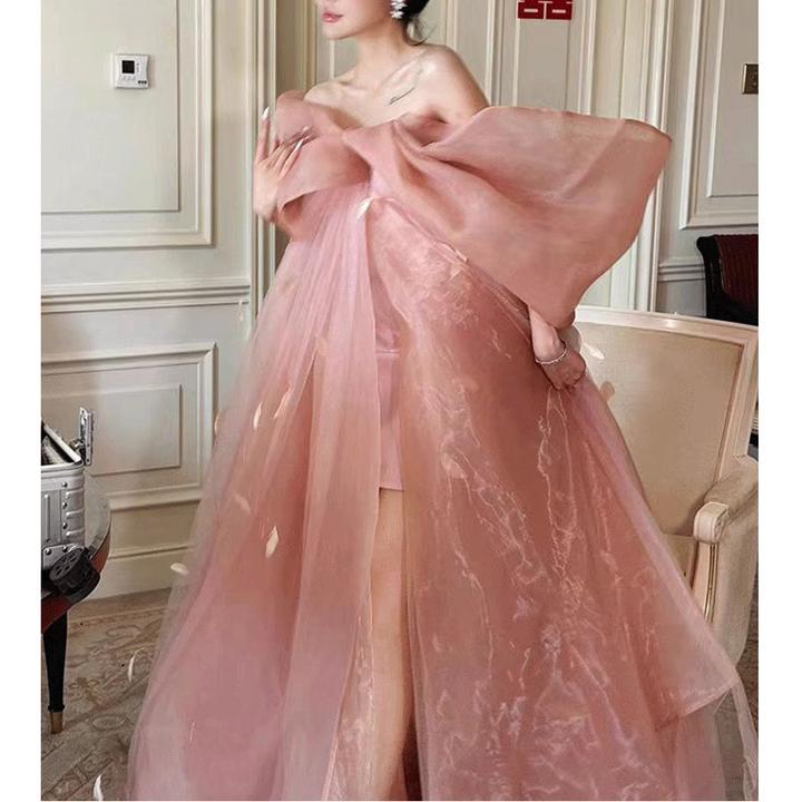 粉色超仙晨袍蝴蝶结新娘订婚礼服敬酒服一字肩生日甜美连衣裙飘逸
