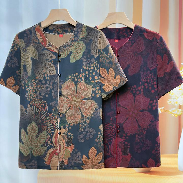 奶奶夏季短袖上衣中老年人妈妈宽松衬衫大码衣服婆婆圆领开衫舒适