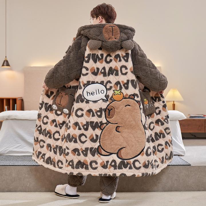 睡袍男冬季珊瑚绒加绒加厚三层夹棉大码青少年学生睡衣家居服