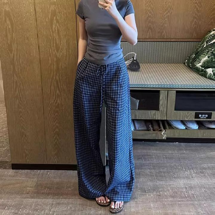 藏青色格子裤子女夏季宽松显瘦垂坠感遛弯裤木耳边直筒休闲阔腿裤