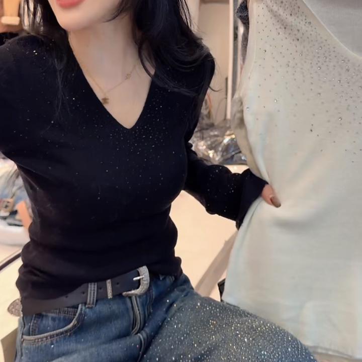 设计感洋气亮晶晶V领毛针织衫秋冬新款时尚修身网红韩版百搭上衣