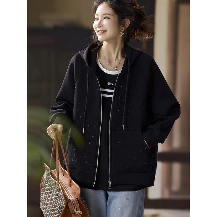 休闲字母烫钻连帽外套女早秋2025年新款宽松时尚时髦上衣大码女装