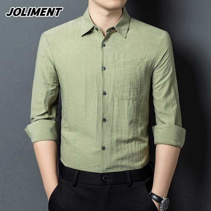 JOLIMENT高级感亚麻长袖衬衫男士春秋季潮流纯色休闲商务免烫衬衣