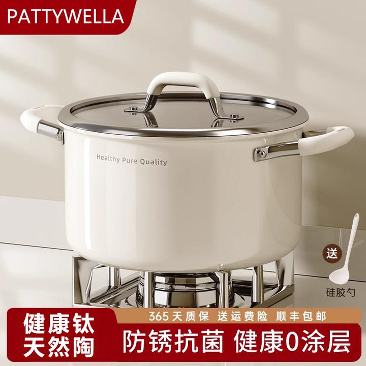 钛陶瓷汤锅电磁炉加厚家用煮汤锅蒸锅煲汤双耳钛锅不锈钢锅燃气灶