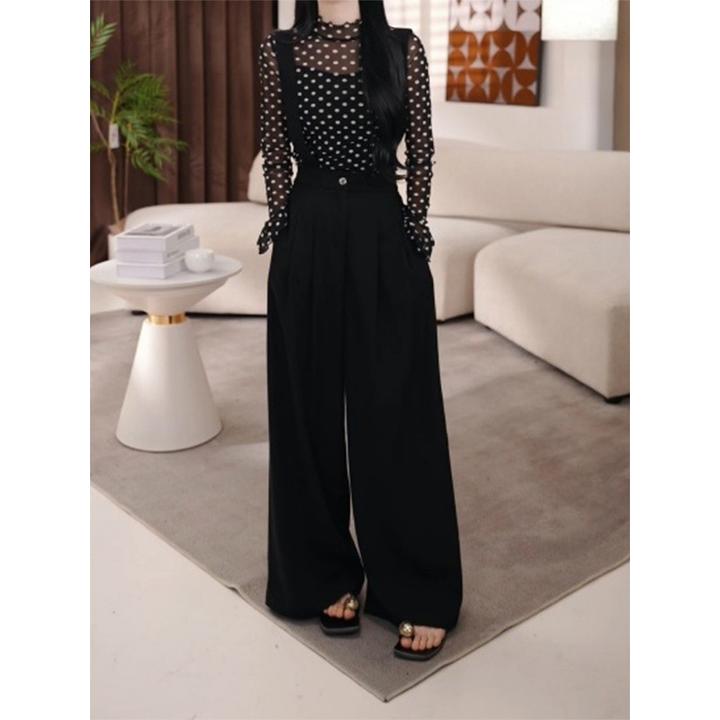 气质名媛风时尚套装女2025春季新款波点长袖T恤上衣背带裤两件套