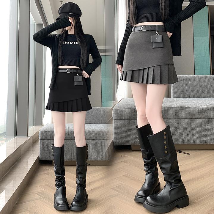 设计感毛呢短裙2025秋冬新款韩版高腰a字裙百褶包臀裙显瘦半身裙