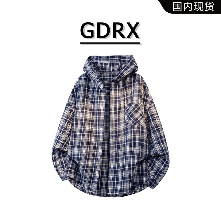GDRX复古男款格子衬衫2025秋季新款连帽设计百搭宽松大码衬衣外套