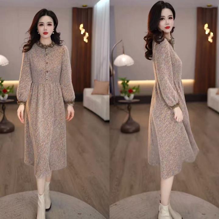 【连衣裙】贵妃绒冬季新款时尚精致优雅洋气气质显瘦中长款连衣裙