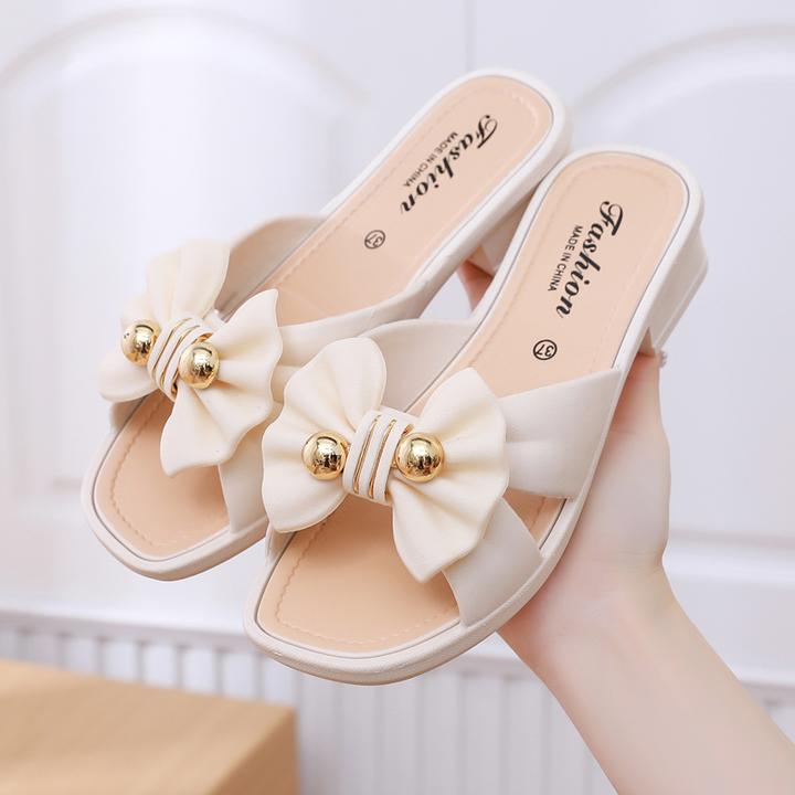 蝴蝶结厚底女拖鞋夏季中跟新款居家时尚软底百搭潮流女士凉拖外穿