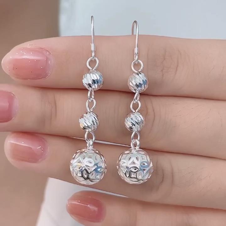 足银耳饰 足银耳饰 镂空球车花手工素款纯银耳环耳饰耳坠