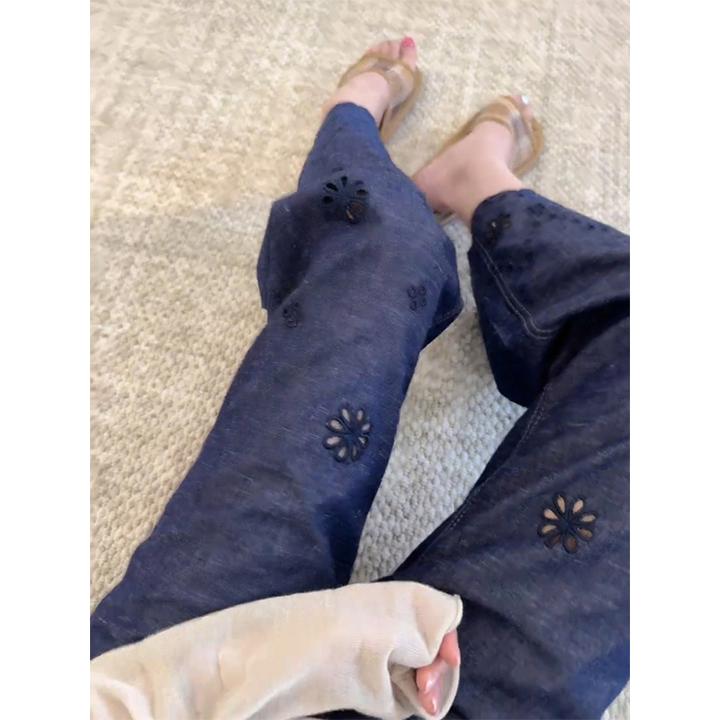 重工花朵刺绣镂空牛仔裤女夏季薄款大码胖mm小个子休闲直筒阔腿裤