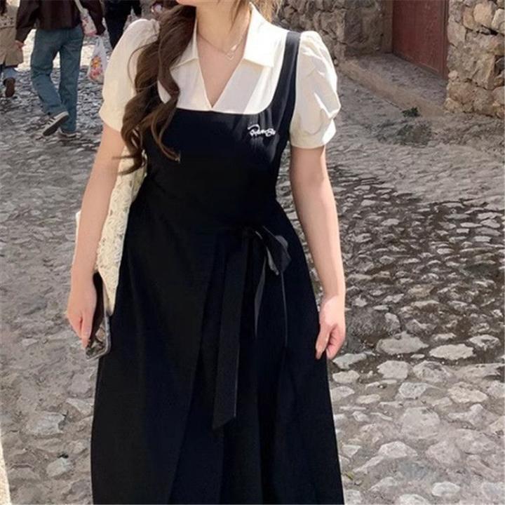 学院风绑带假两件长裙女2024夏新款微胖大码短袖连衣裙