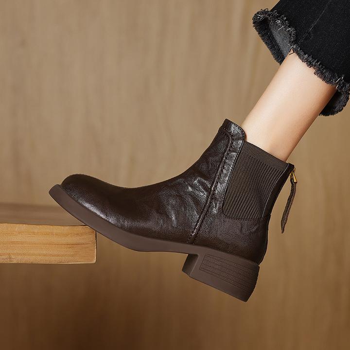 3.5cm~复古低跟圆头真皮鞋子厚底切尔西靴女秋冬新款后拉链马丁靴