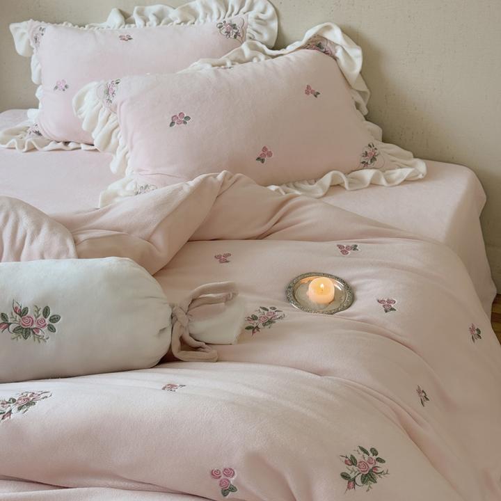 韩版公主风花边牛奶绒四件套刺绣加厚保暖冬季双面珊瑚绒床上用品