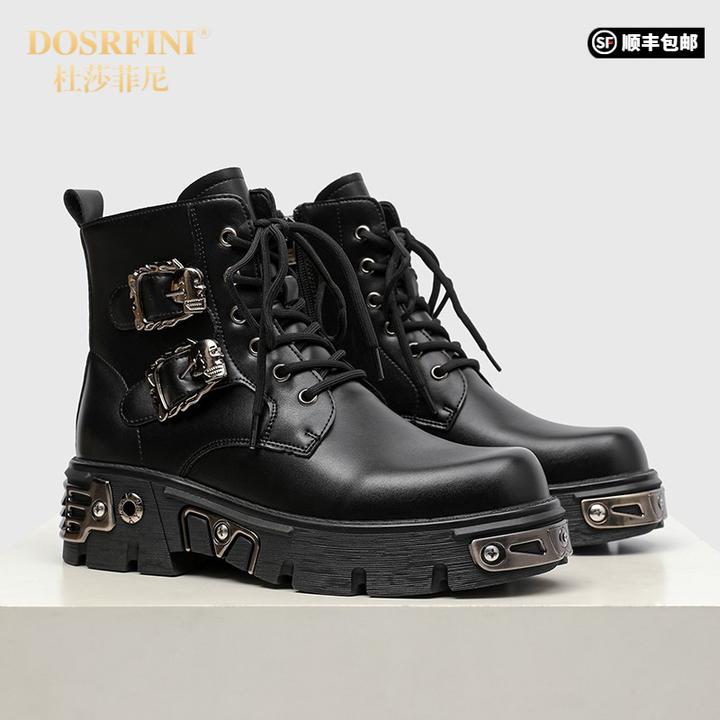 HEANEDUCK马丁靴男款厚底增高中筒朋克金属机车皮靴子男士高筒英