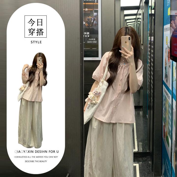 温柔风休闲套装女夏季新款甜美绑带短袖衬衫百搭高腰阔腿裤两件套