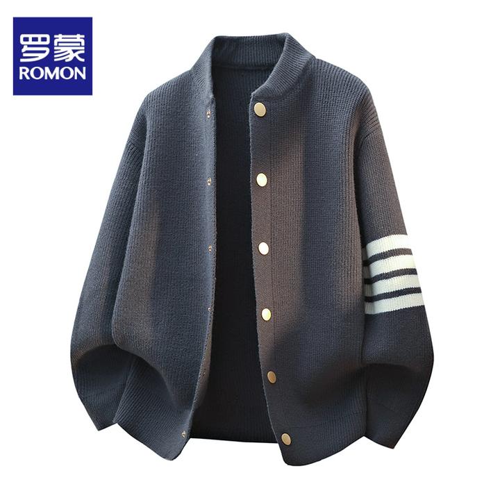 罗蒙2025年秋季新款时尚休闲针织开衫ins棒球领毛衣男士外套
