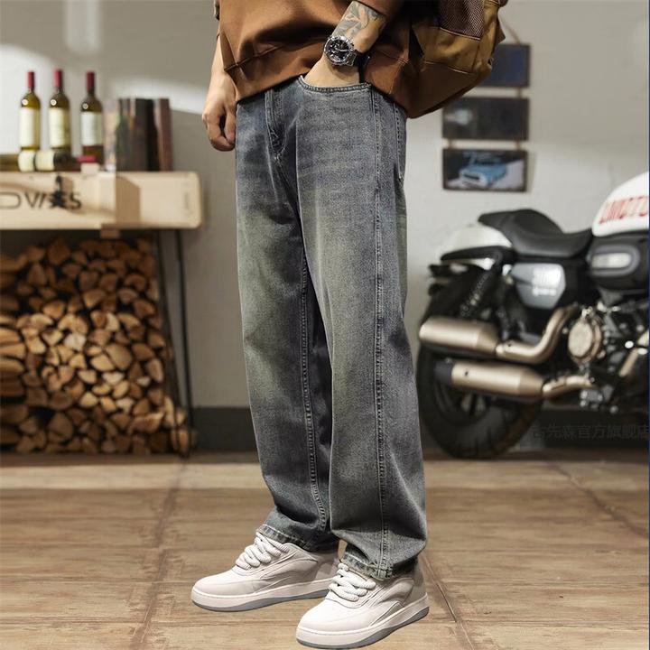 美式复古直筒牛仔裤男宽松大码男裤春秋休闲阔腿裤潮牌高街长裤子