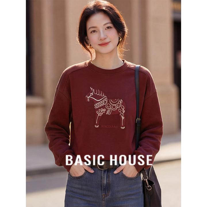Basic House/百家好新年红色刺绣圆领卫衣宽松套头上衣女2026新款