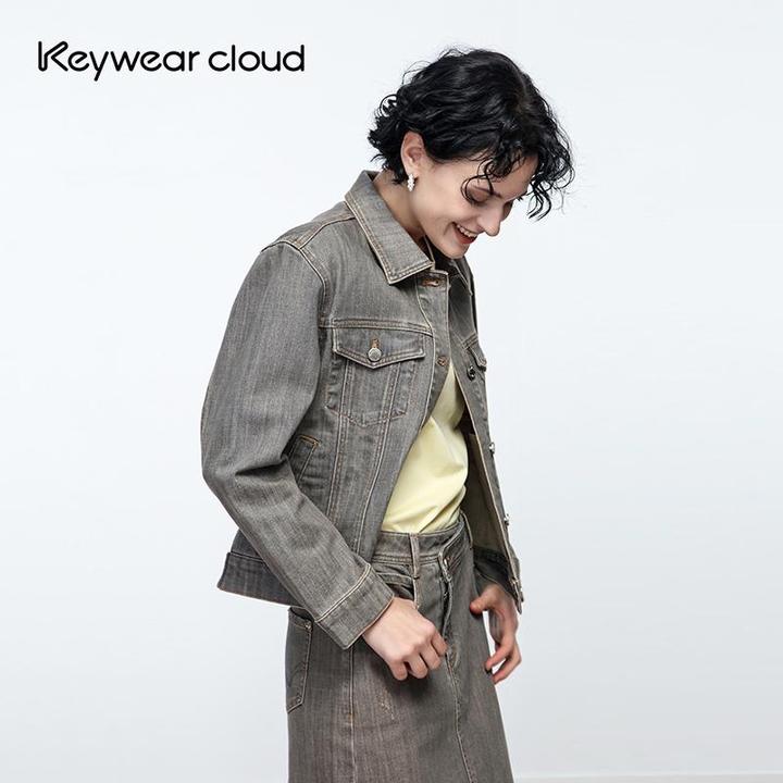 Keywearcloud奇威时髦复古工装做旧个性显高短款牛仔夹克外套