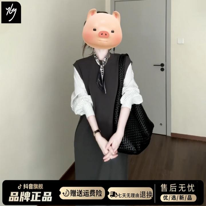 秋季流行风格假两件灰色连衣裙长裙女2025新款绝美巨好看的小裙子