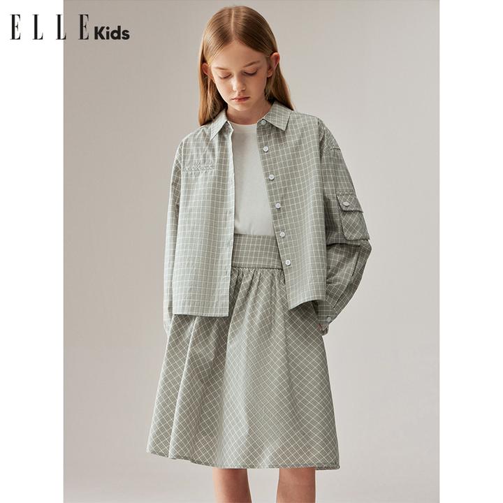 ELLE KIDS 复古格纹学院衬衫女童秋季新款立体贴袋文艺风上衣F1