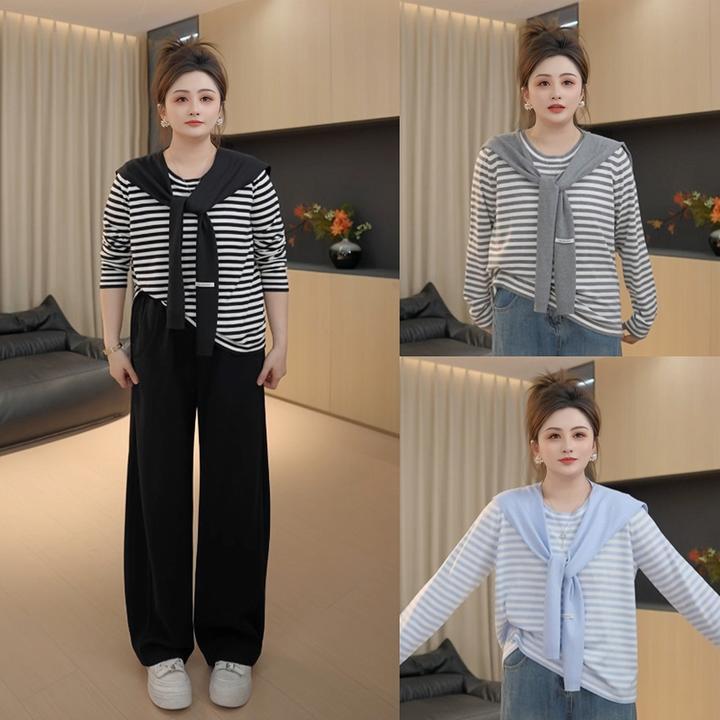 【胖佳佳】现货~煦日暖阳 披肩式长袖条纹针织衫时尚百搭H625S15404