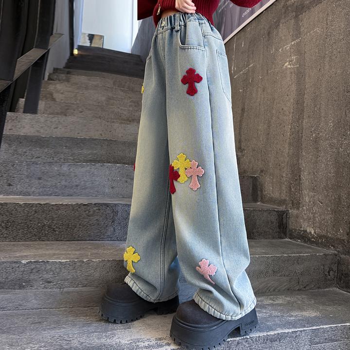 女童加绒牛仔裤秋冬2025新款儿童加厚阔腿宽松大童冬季一体绒裤子