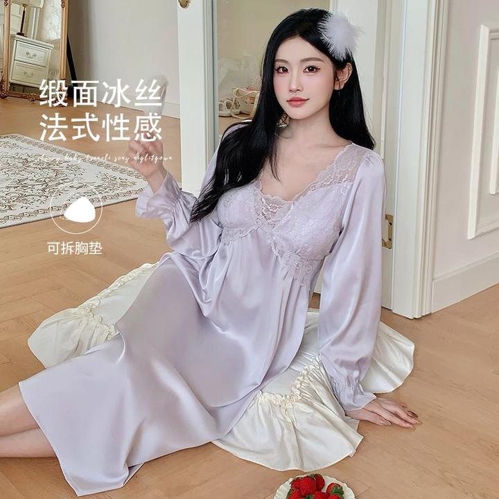 带胸垫女士春秋季睡衣中长款法式性感蕾丝花边冰丝睡裙优雅家居服