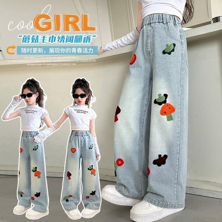 现货2025春秋女孩牛仔裤女中大童牛仔裤宽松刺绣印花百搭阔腿裤-3