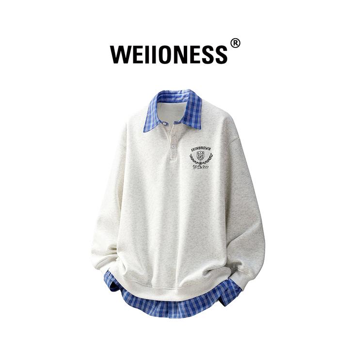 WEIIONESS美式学院风假两件卫衣男款春秋季条纹拼接设计感上衣潮