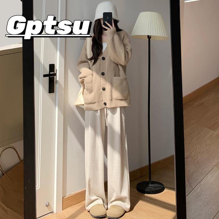GPTSu白色糯米裤女秋冬2025新款高腰休闲加绒阔腿裤小个子针织裤