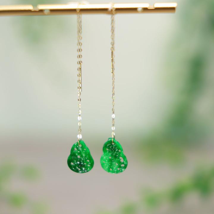 #G671 18K金耳线镶嵌冰种辣绿天然A货翡翠镂空雕花葫芦耳坠