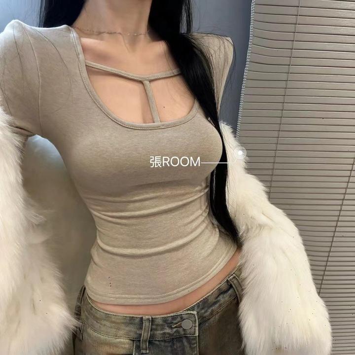 2025秋冬磨毛绒新款韩版性感镂空修身显瘦长袖T恤打底衫上衣