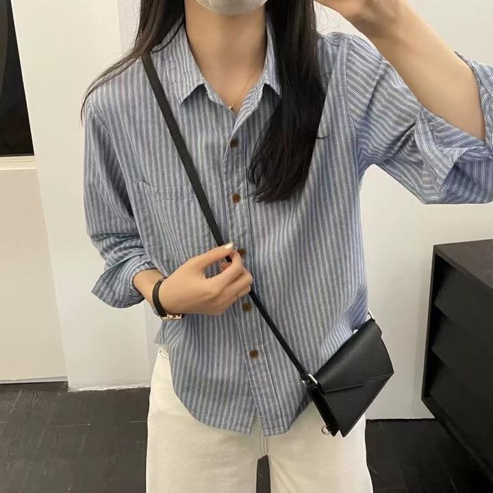 小个子复古港风条纹长袖衬衫春秋设计感OPLo领宽松气质百搭衬衣女