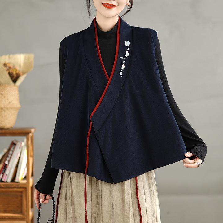 复古宽松百搭系带绣花马夹2025冬季汉元素通勤风无袖蓝色V领马甲