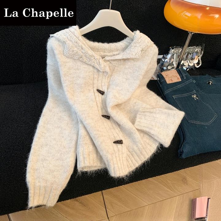 拉夏贝尔设计感蕾丝拼接海军领毛衣女秋冬新款甜美小个子针织上衣