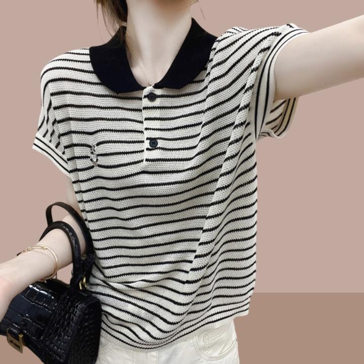 今年流行冰丝条纹短袖t恤女夏季小兔刺绣撞色纽扣polo领针织衫薄