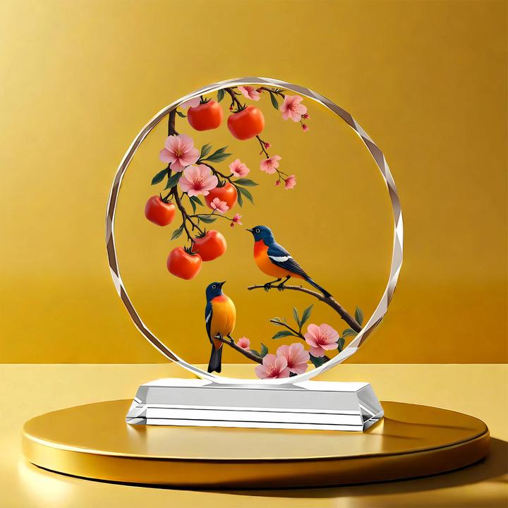 柿柿如意水晶摆件柿子喜鹊高档中式装饰桌面摆台家居乔迁礼物摆台