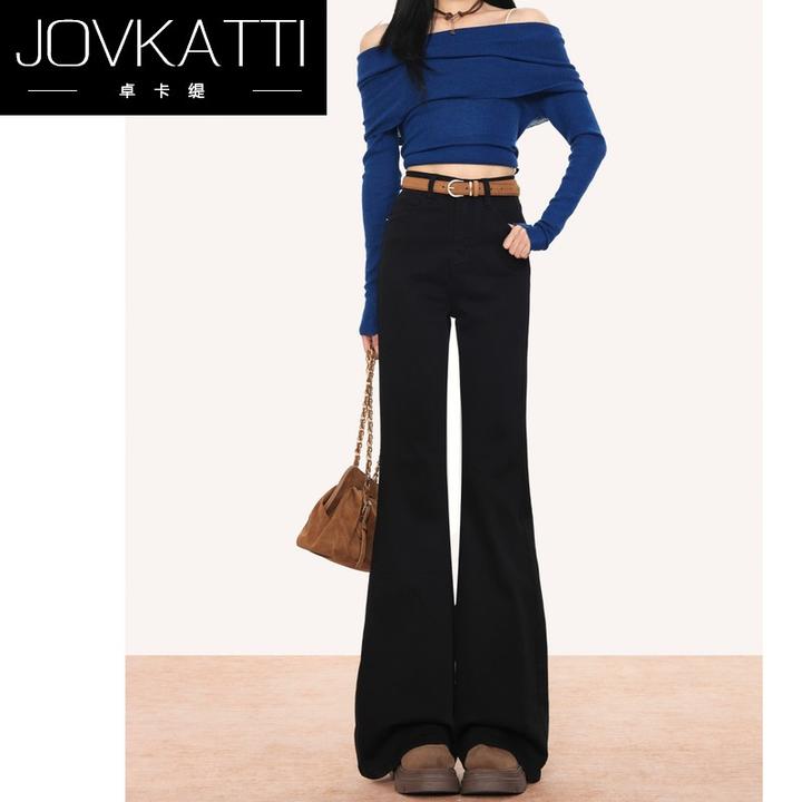 黑色高腰微喇牛仔裤女2025秋冬新款显瘦修身垂感喇叭裤子